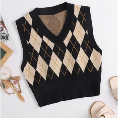 Autumn Women’s Casual Sleeveless Plaid Knitted Crop Sweaters Argyle Print Sweater Vest Ladies V Neck Knit Sweater Vest