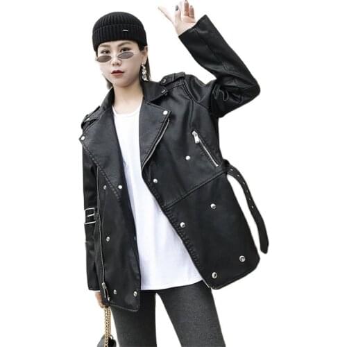 2020 Spring Autumn Womens Clothing new motorcycle PU Leather Jackets slim fashion belt Windbreaker Jacket female Outerwear g100