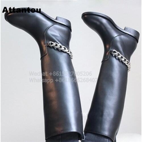 New Fashion Black PU Leather Martin Boot Woman Round Toe Knee High Boots Designer Metral Chains Flat Heel Long Booty