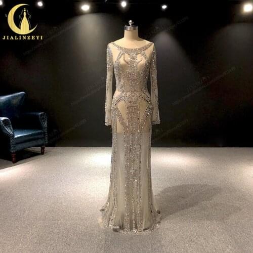 Rhine Real Zuhair Murad Long Sleevs Brown Crystal Beads Mermaid vestidos de fiesta Evening Dress Long вечернее платье