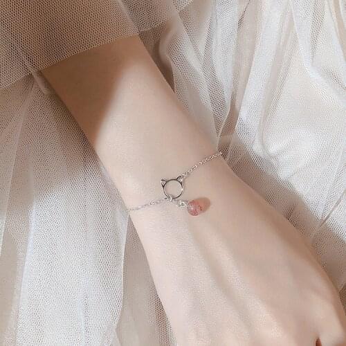 Silver Colors Hollow Cat Strawberry Stone Chain Bracelet Rose Stone Crystal Bracelet Hand Chain Jewelry Gifts