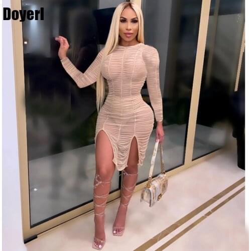 Mesh Ruched Dress Bodycon Long Sleeve Side Slit Midi Elegant Christmas Dresses for Women Autumn Birthday Club Sexy Party Dress