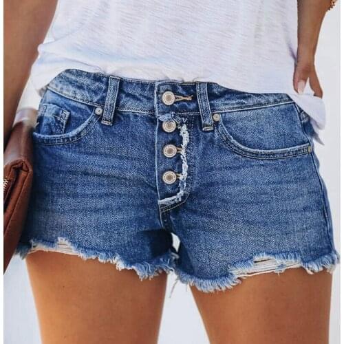 Sexy Low Waist Blue Denim Shorts Women Buttons Fly Ripped Streetwear Jeans Shorts 2021 Summer Stretch Slim Short Jeans Female