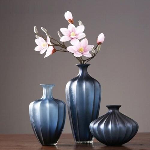 High quality blue glass vase creative stripe glass container decoration Modern Art Nordic vase living room decoration