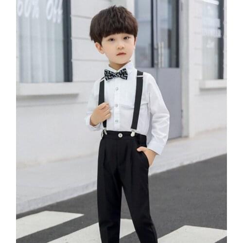 Stage Performance Boys Clothing 4 Piece Sets Long Sleeve Shirts+Pants+Removable Strap+Bow Tie Suit Children Boys Outfit 2-15T
