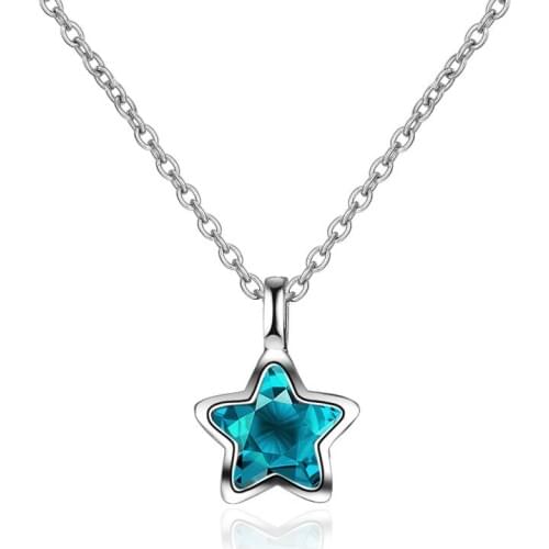 XIYANIKE 925 Sterling Silver Romantic Cute Blue Star Shine Crystal Pendant Necklace Pentagram For Women Lady Gift Wedding 2019