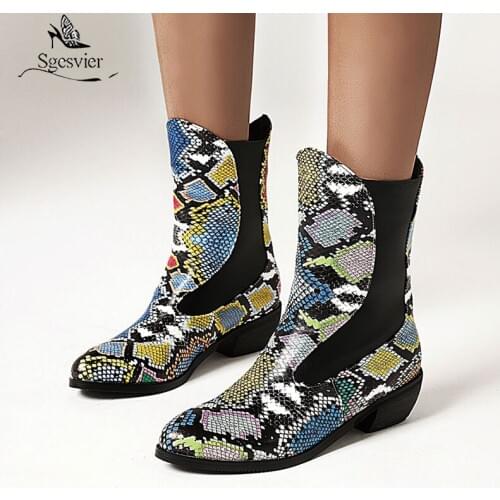 Sgesvier Womens Pointy Toe Snake Pattern Stitching PU Leather Ankle Boots Chunky Heel Shoes Mixed Colors Plus Size 31-48