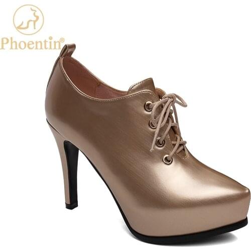 Phoentin champagne graduation shoes for women super High-heeled shoes lace up deep mouth platform pumps female red color FT904