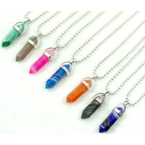 Natural stone Quartz Crystal stripe agates Mix Stone Hexagonal Column Pendant stainless steel Necklace women Fashion Jewelry