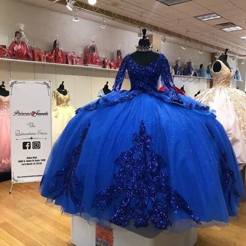 Vestidos de Royal Blue Sequins Quinceanera Dresses Long Sleeves Corset Sequined Ball Gown Sweet 16 Dress