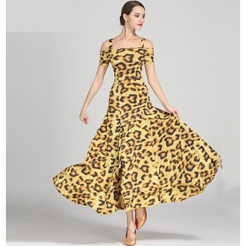New 2019 Leopard Modern Dance Dress Women Off-shoulder Short Sleeve Waltz Tango Spanish Flamenco Standard Ballroom Dresses