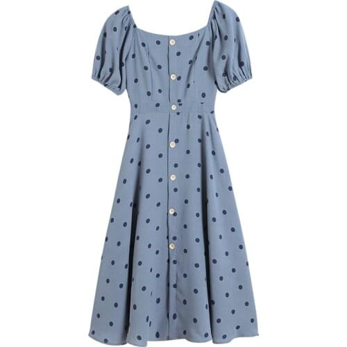 PERHAPS U Women Blue White Polka Dot Puff Short Sleeve Button Fit And Flare Knee Length Vintage Summer Elegant Dress D1070
