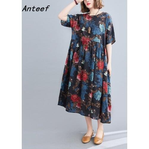 Short sleeve plus size cotton linen vintage floral dresses for women casual loose long woman summer dress elegant clothes 2021
