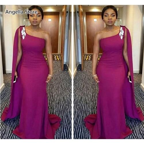 Arabic Africa One Shoulder Mermaid Evening Dress For Women Long Ribbons Grape Simple Satin Celebrity Party Dress Formal Occasion