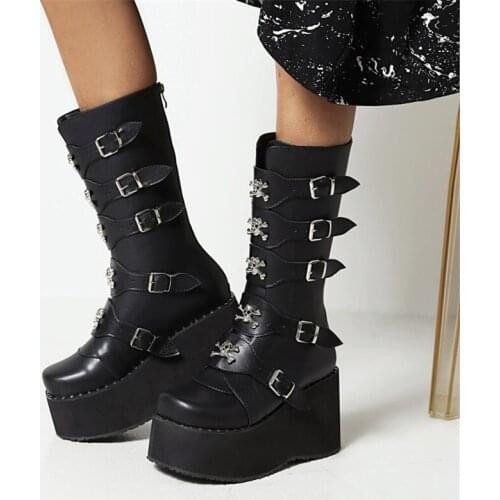 PXELENA Military Combat Motorcycle Biker Martin Platform Boots Women Buckle Wedge High Heels Platform Creepers Punk Gothic 35-46