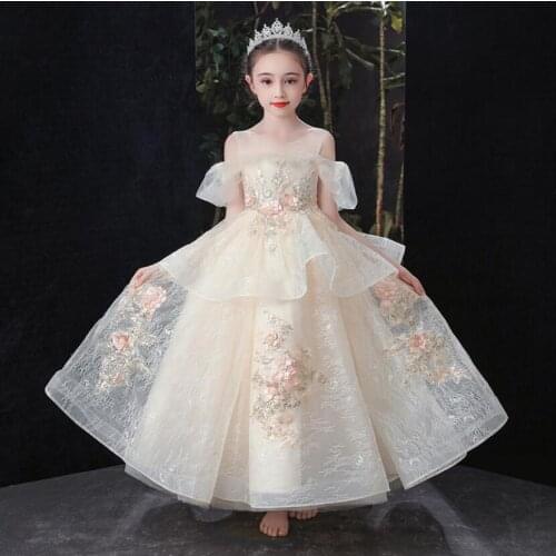 Champagne Girls Kids Wedding Flower Girl Dress Princess Party Pageant Dresses Sequins Appliques Girl Evening Dress Long Vestidos