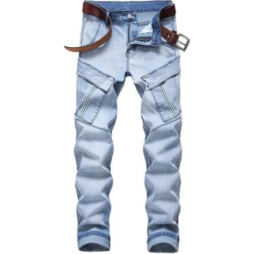 New Brand Mens Fashion Black Blue Biker Jeans Men Casual Slim Fit vaqueros hombre Multi Pockets Denim Pants Trousers Size 29-42