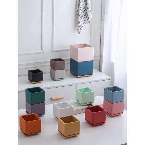 Ceramic Square Nordic Morandi Color Flower Pot Indoor And Outdoor With Tray Succulent Fresh Flower Potted Plants