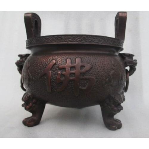 Chinese Bronze Lion Head Old HanZi Statue Tibet Buddhist Incense Burner Censer
