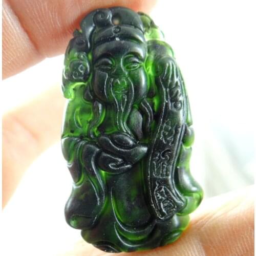 Chinese Black Green Jade God of Wealth Pendant Natural Hand Carving Necklace Fashion Amulet Luck Gifts Men Sweater Chain