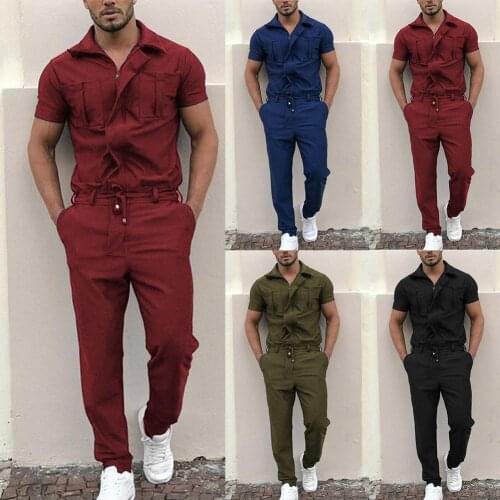 Jumpsuit men 2021 Mens Sets Men Stylish Short Sleeve Pockets Drawstring Zip Jumpsuit Coverall Work Clothes combinaison homme