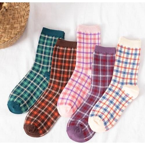 Japanese Korean Style Kawaii Grid Woman Socks Cotton for Spring Autumn Funny Socks Women 12602