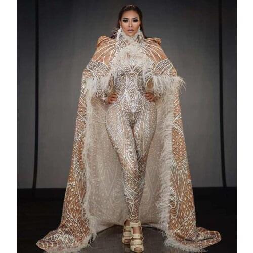 2019 New Design Big Cloak Jumpsuit Outfit Costumes Birthday Celebrate Bodysuit Jacket Set Dance Wear Bar Prom Singer Long Cloth