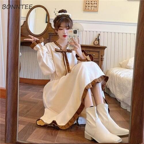 Long Sleeve Dress Women Sweet Bow High Waist Patchwork Ruched A-line Mid-calf Korean Style College Autumn New Chic Girls Fashion
