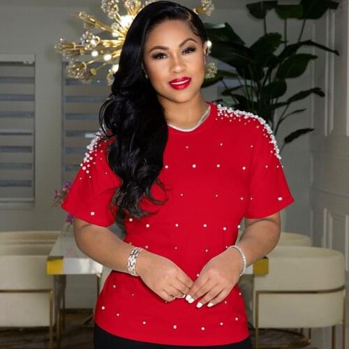 S-3XL Plus Size Beaded Embellish Slim Fit Top for Women Crew Neck Short Sleeve T-shirt Office Lady Summer Solid Party Club Tee