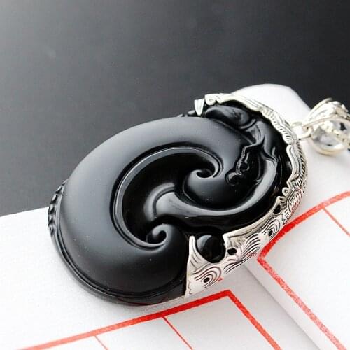Silverware Wholesale Natural Obsidian Inlaid S925 Sterling Silver Pendant Womens Retro Thai Silver Pendant Fashion Male