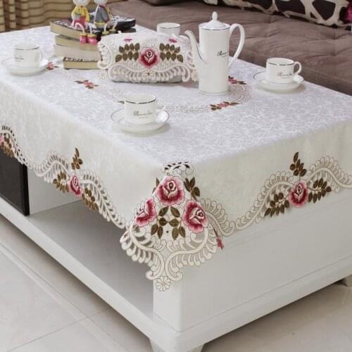 32Home hotel dining wedding White Red Table Cloth with Lace Embroidered Floral Rectangular Tablecloth to table covers
