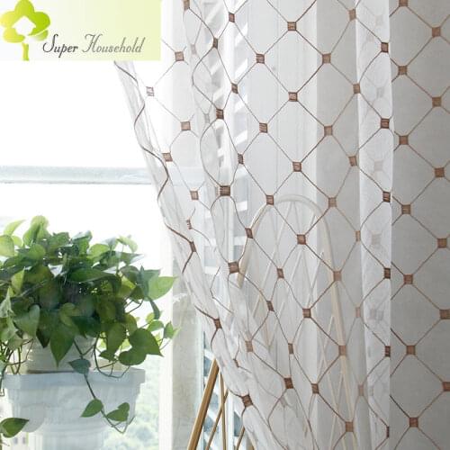 Modern Coffee Sheer Grid Light-transparent Curtains Embroidered Window Screens for Living Room Bedroom Nice Tulle Curtain Fabric