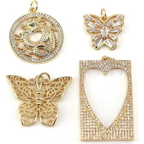 10Pcs,Crystal Zirconia Butterfly Dragon Pendant, Plated Heart pattern Rectangle Pendant, Metal Brass Delicate Minimal Pendant