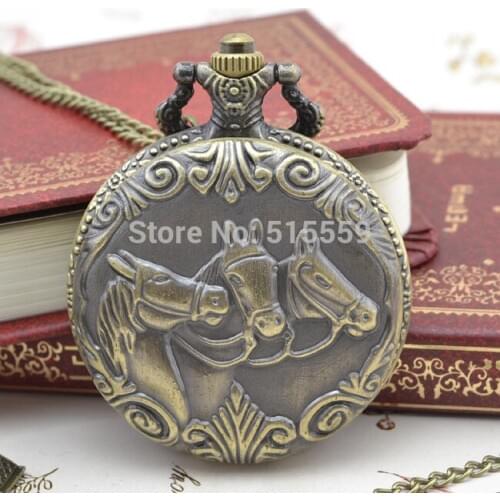 50pcs/lot Real Bronze Horse Unisex Pocket Watch Top Quality Watch Necklace Gift Watch Factory Price Wholesale