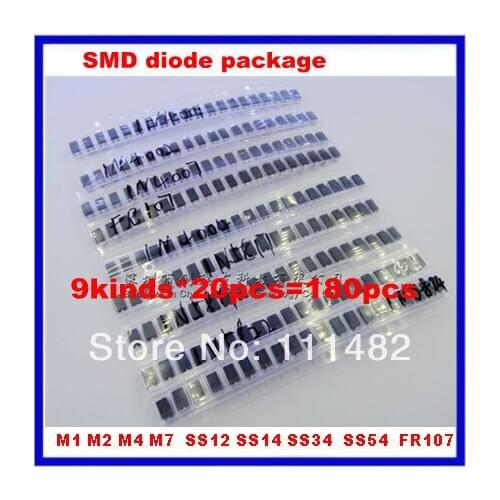 9kinds*20pcs=180pcs/lot SMD diode package / M1 M2 M4 M7 SS12 SS14 SS34 SS54 FR107