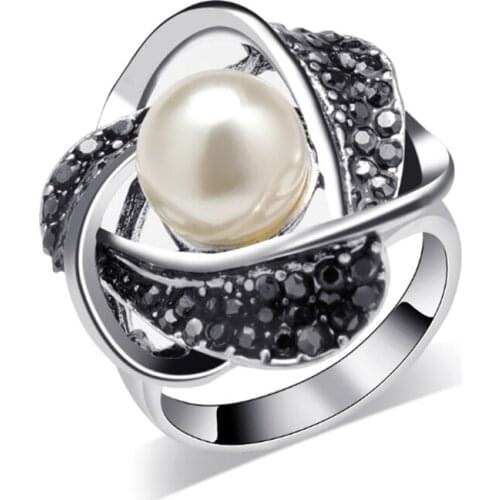 Antique Silver Plated Alloy Wrap Imitation Pearl with Rhinestone Finger Ring Statement Jewelry