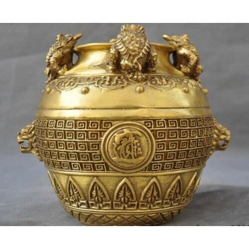 Chinese Brass Wealth Golden Toad Spittor Lion Head Pot Jar Crock Statue