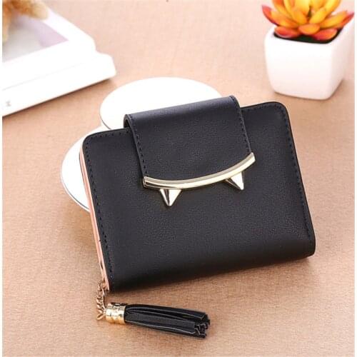 2020 Korean Women Wallet Cute Cat Ears Leather Short Tassel Small Day Clutch Trifold Female Purse ID Coin Card Holder Mini Bag