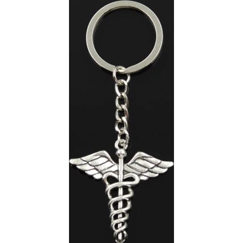 Fashion 30mm Key Ring Metal Key Chain Keychain Jewelry Antique Bronze Silver Color Caduceus Medical Symbol Md 40x40mm Pendant