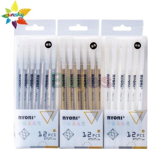 NYONI 12 PCS High gloss pen set 0.8mm pen head student hand-painted high gloss white pen gold silver white pen core art supplies