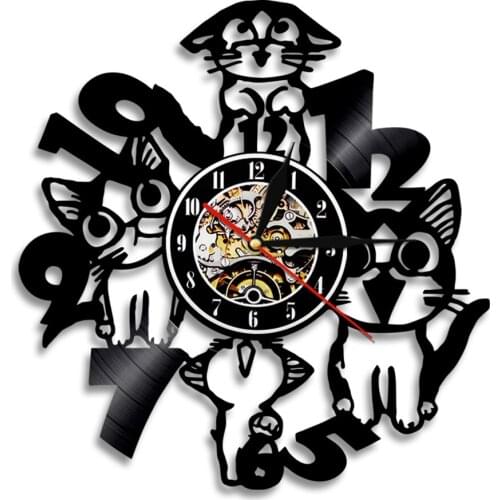 Lovely Cat 3D Decorative Art Wall Clock Kitty Vinyl Record Modern Wall Clock Funny Handmade Craft Clock Unique Room Decor