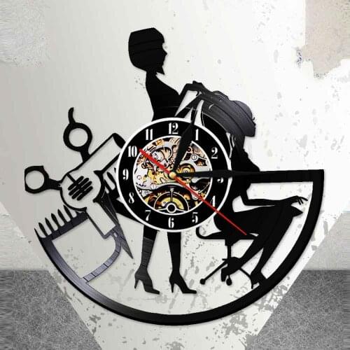 Hairdresser Vinyl Record Wall Clock Barber Shop Hair Tools LED Lighting Black Watch 3D Decor For Barber Beauty Salon