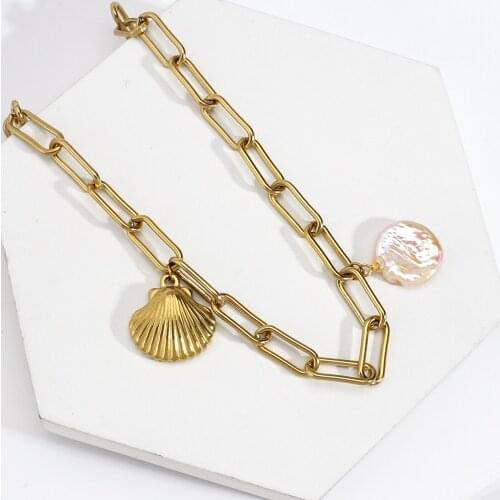 AENSOA Fashion Boho Metal Shell Necklace Gold Color Link Chain Shell Round Necklace Women Choker Necklace Pendant Bohemia Female