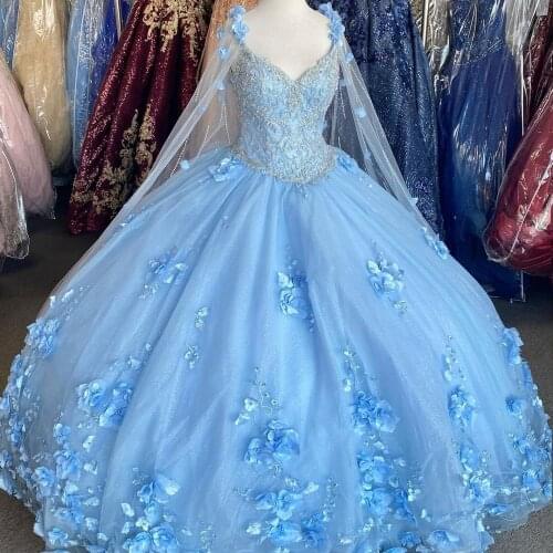 3D Floral vestidos de 15 años 2020 Puffy Quinceanera Dress Cape Sweetheart Neck Sweet 16 Dress Long Prom Gowns Lace-Up