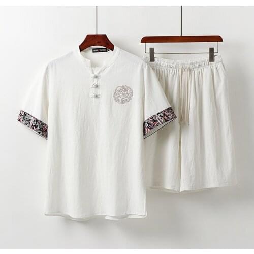 Plus size mens summer Chinese style embroidery T-shirt sets 150Kg Bust 158cm 6XL 7XL 8XL 9XL 10XL 11XL loose linen tops