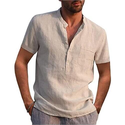 European American Hot Style Autumn Mens Short-Sleeved V-Neck Casual Beach Linen Shirt