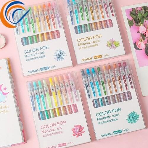 Hand Account Color Gel Pen 9 Pcs Per Set Retro Multi-color Press Gel Pen Multicolored Retro Pen Kawaii Japanese School Supplies