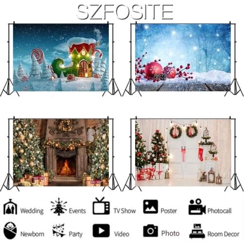 Snow and Ice Candy House Tree Fireplace Backdrop Christmas Happy Party Decoration Kids Room Baby Newborn Custom Background Photo