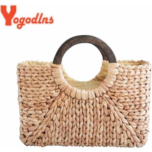 Yogodlns Summer Straw Handbags For Women Corn Hulls Handmade Woven Bag Big Capacity Vacation Beach Bag Leisure Design Portable