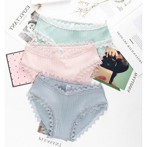 Roseheart Women Fashion Green Pink Cotton Lace Bow Low Waist Panties Underwear Lingerie Women Briefs 3 Piece 3 Color Underpants